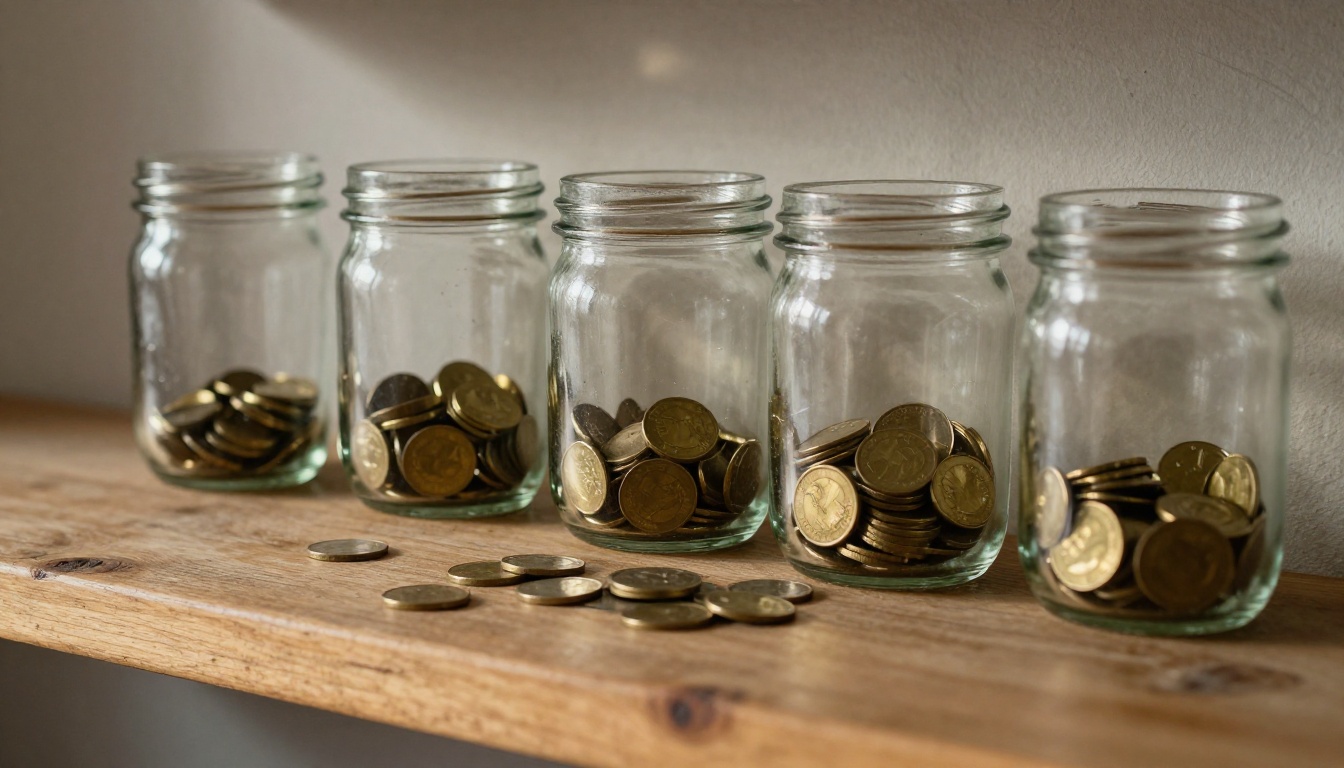 Five glass jars on an oak shelf, two filled with brass coins, standing for a daily credit budget