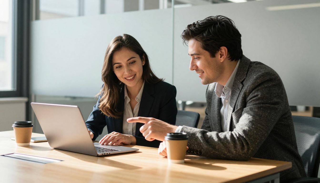 Two colleagues lean over a tablet and smile after choosing a video engine