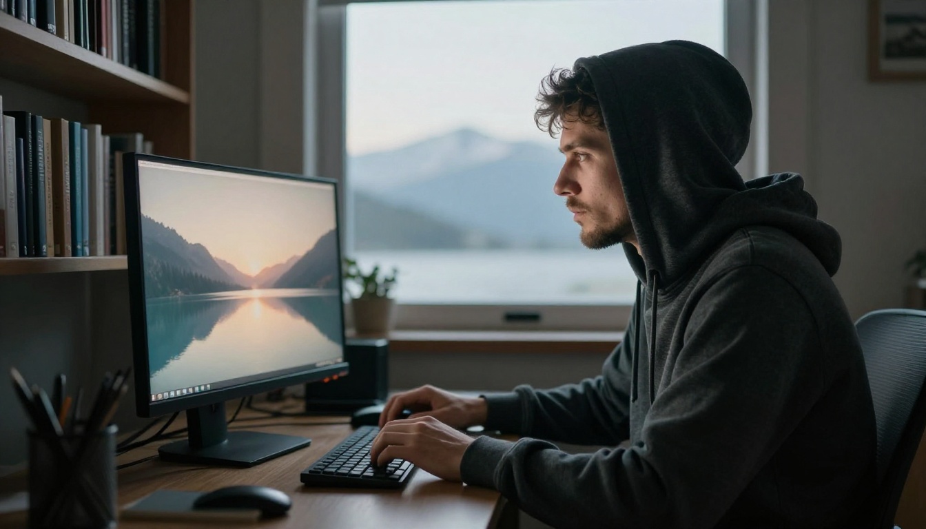 Man at a standing desk squinting at soft, low resolution lake footage on a monitor
