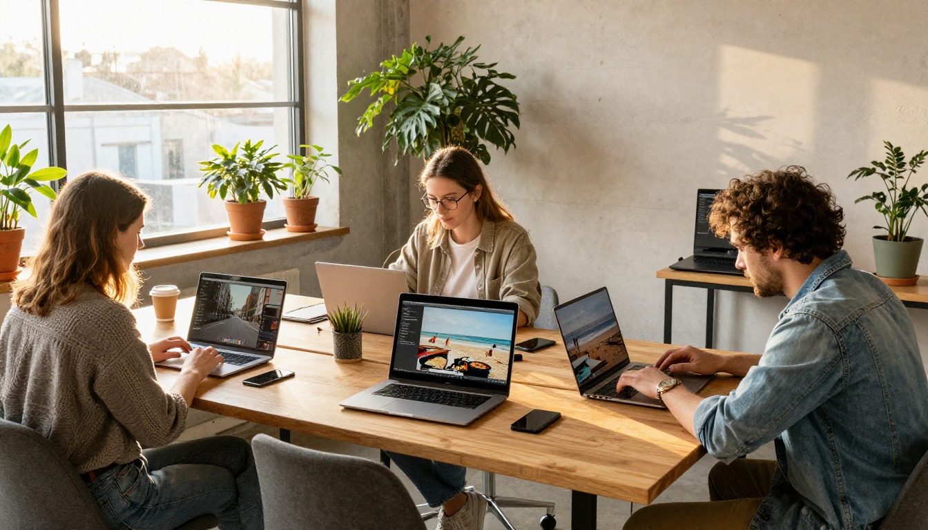 Three creators working at separate desks in a bright co-working space
