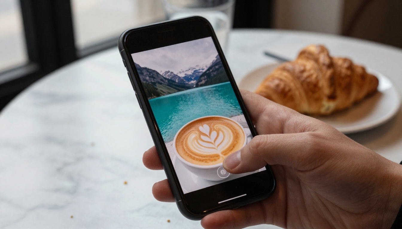 Hand holding a smartphone showing a vertical video preview of a turquoise mountain lake