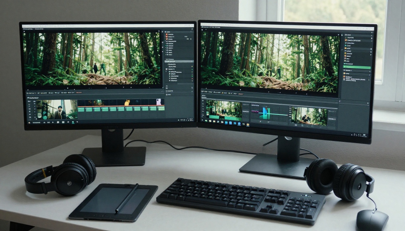 Video editor's desk with two monitors, a graphics tablet and headphones