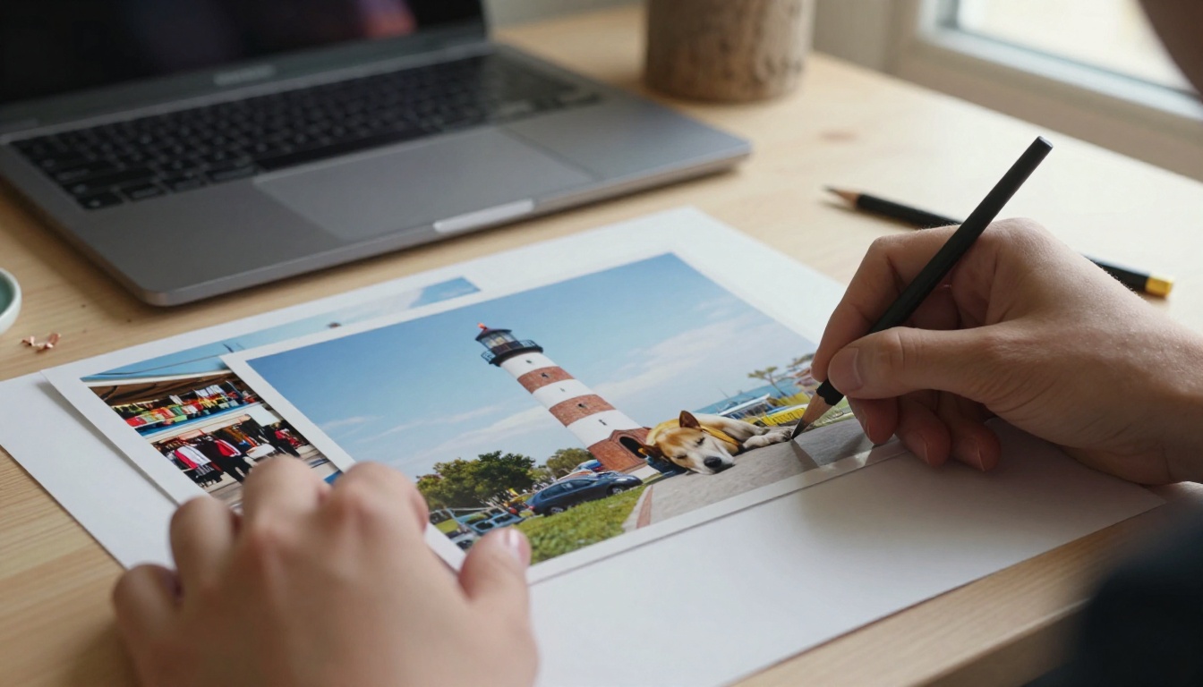 Designer arranging printed photographs on a drafting table beside a laptop