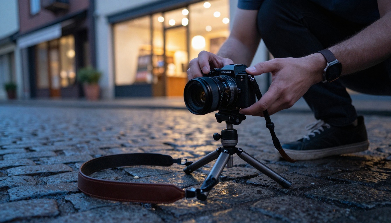 Mirrorless camera on a tripod on a cobblestone street at blue hour