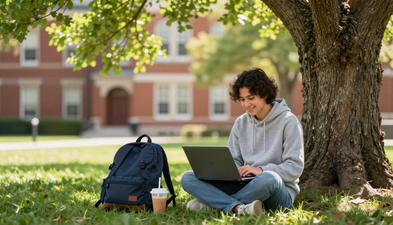 Student working on a laptop under an oak tree on a sunny campus lawn
