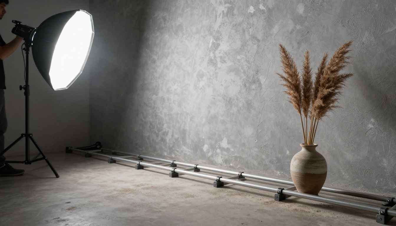 Cinema camera on a slider rail in a quiet studio, a dolly shot setup