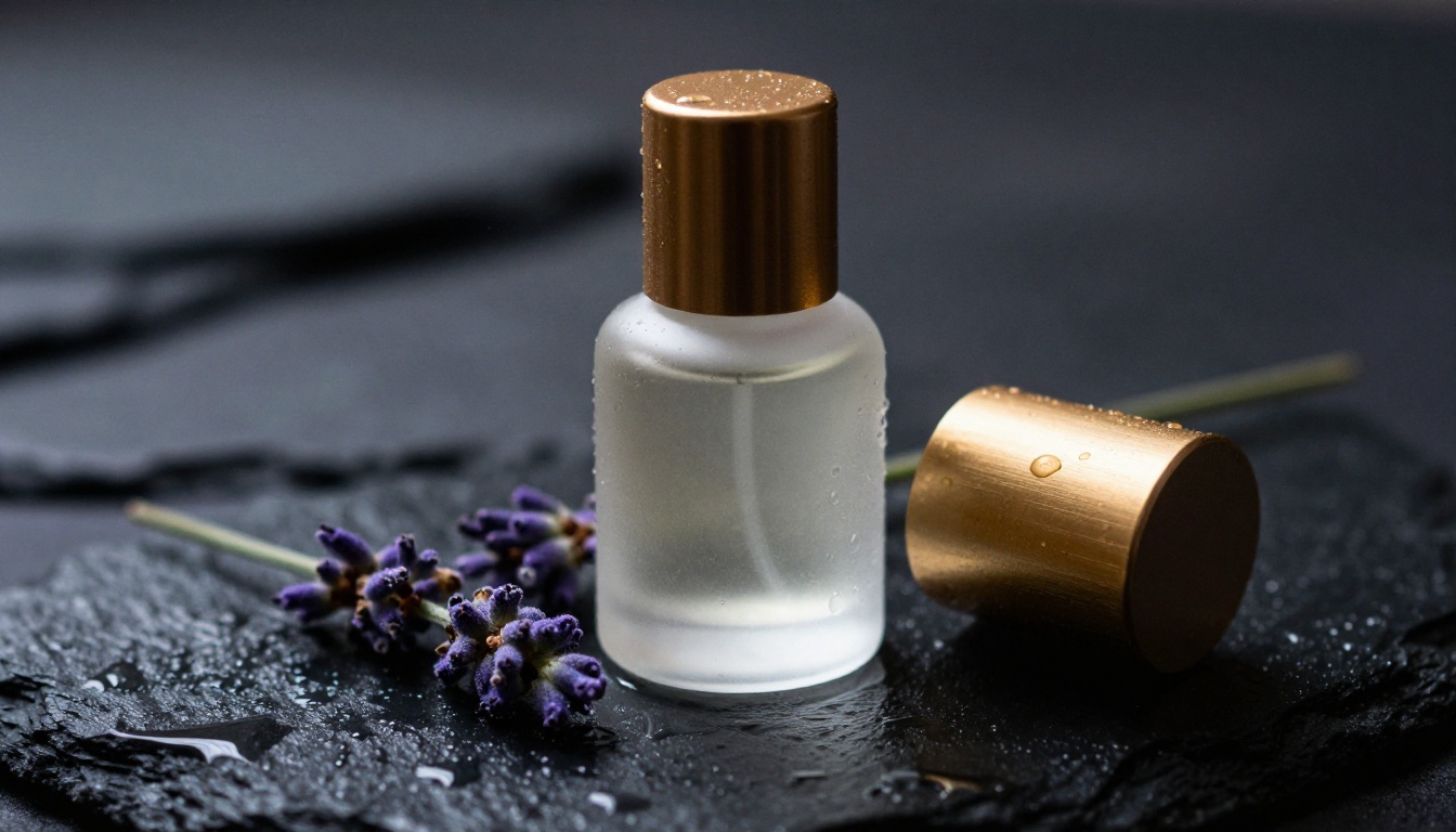 Frosted glass perfume bottle with water droplets on wet black slate