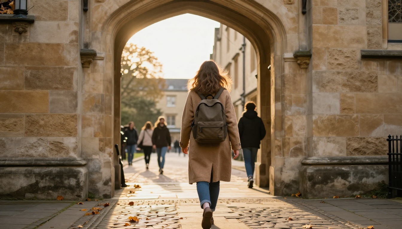 Young woman with a backpack walking through a stone archway on a university campus