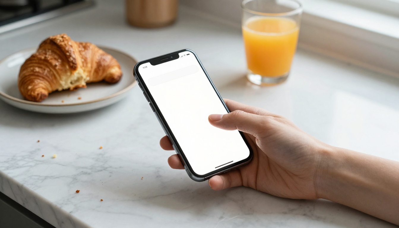 Hand holding a smartphone above a kitchen counter, thumb hovering over a video prompt