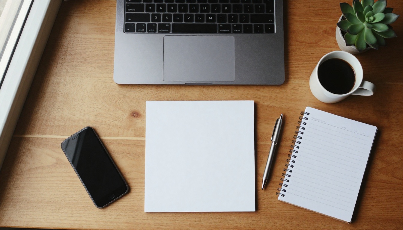 Top-down view of a student desk with a laptop, blank student ID card, phone, and coffee