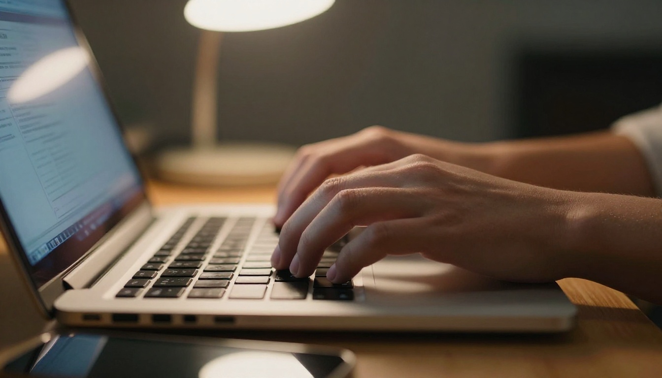 Close-up of a student's hands typing on a laptop at a dorm desk in the evening