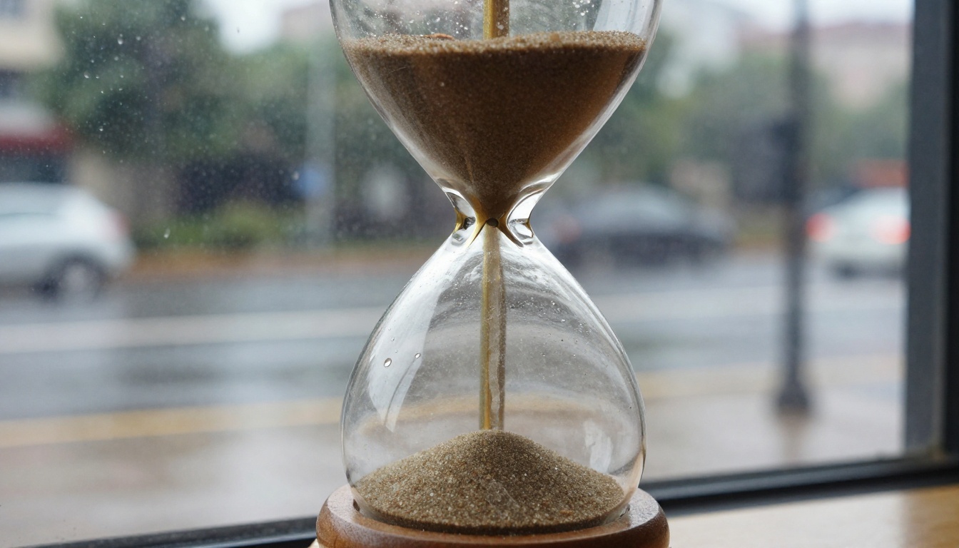 Wooden hourglass on a sunlit windowsill with most of the sand in the lower bulb