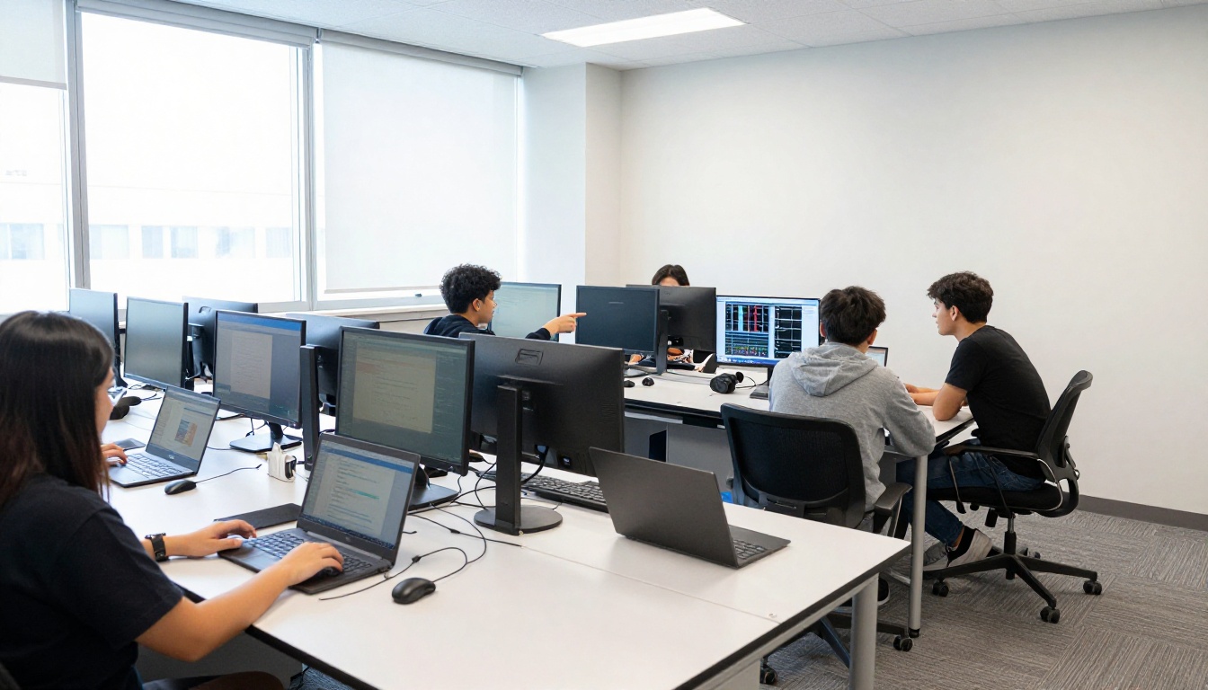 Wide shot of six students working at laptops and monitors in a bright university computer lab