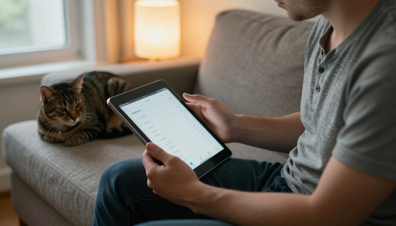Man on a sofa scrolling through a tablet settings screen with a cat curled up beside him