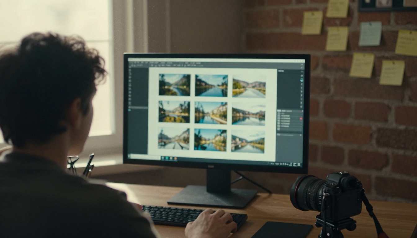 Over-the-shoulder view of a young filmmaker looking at a storyboard grid on a monitor