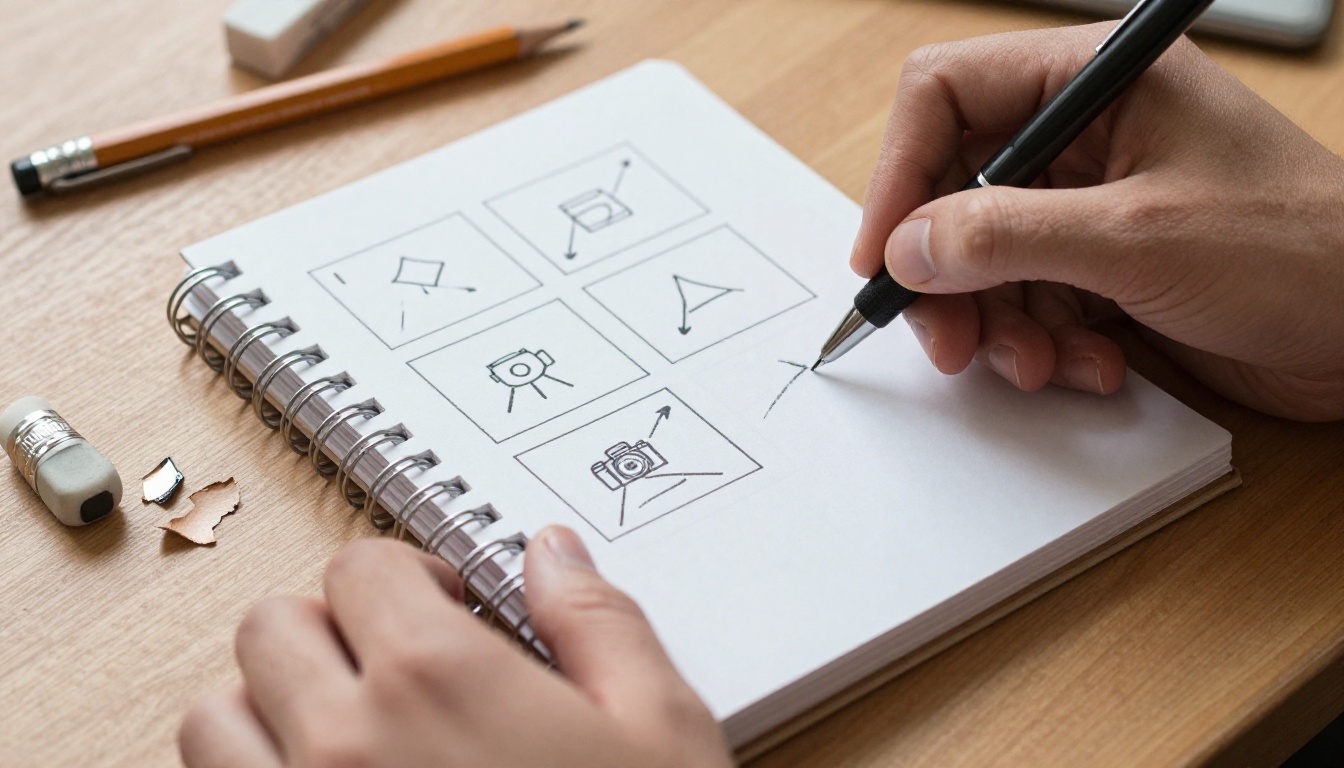 Hands sketching a six frame storyboard in a spiral notebook