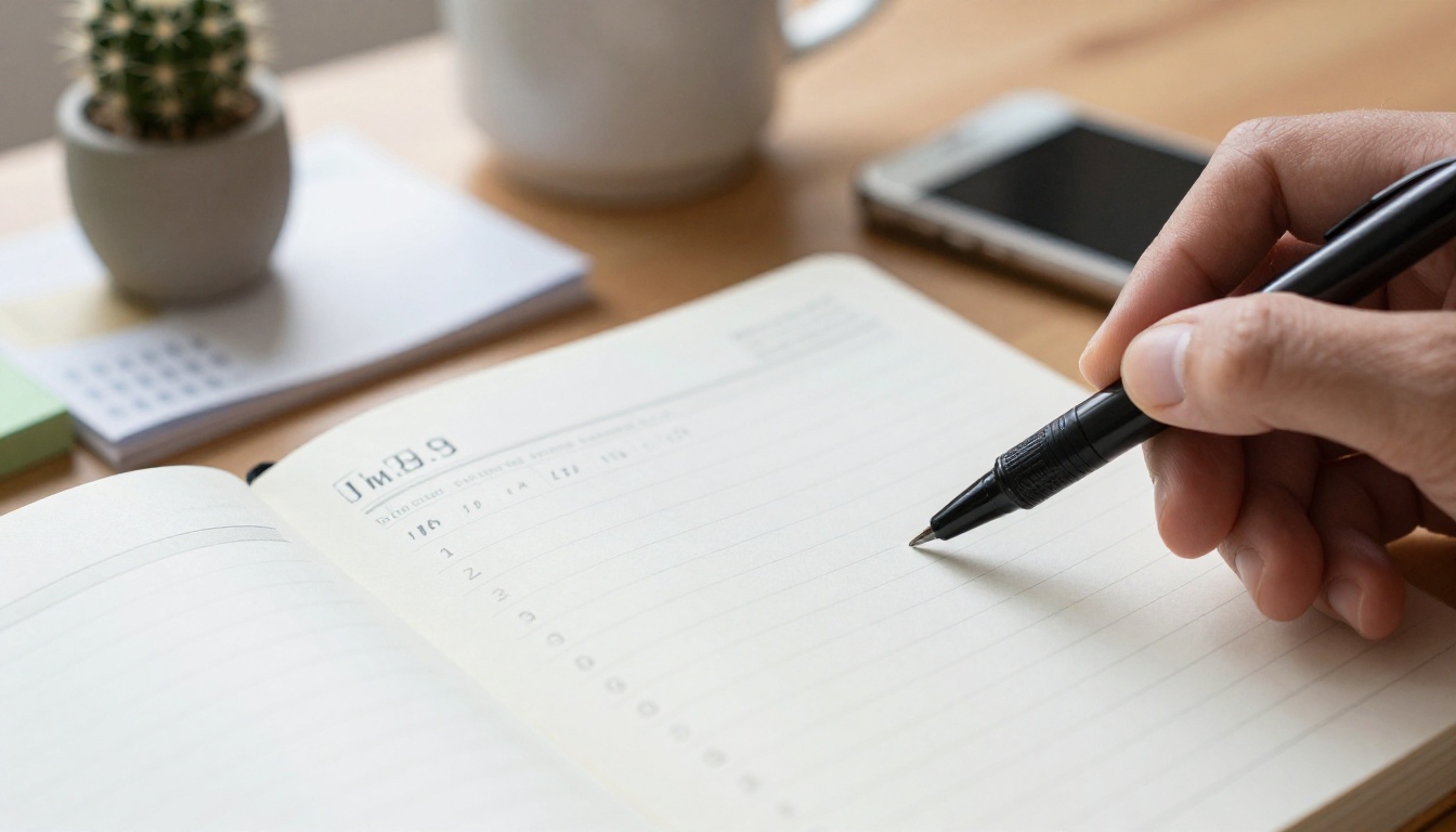 Hand writing in a paper weekly planner next to a smartphone with a calendar reminder