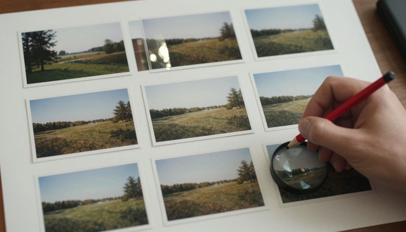 Contact sheet of nine printed landscape photos with one frame circled in red pencil