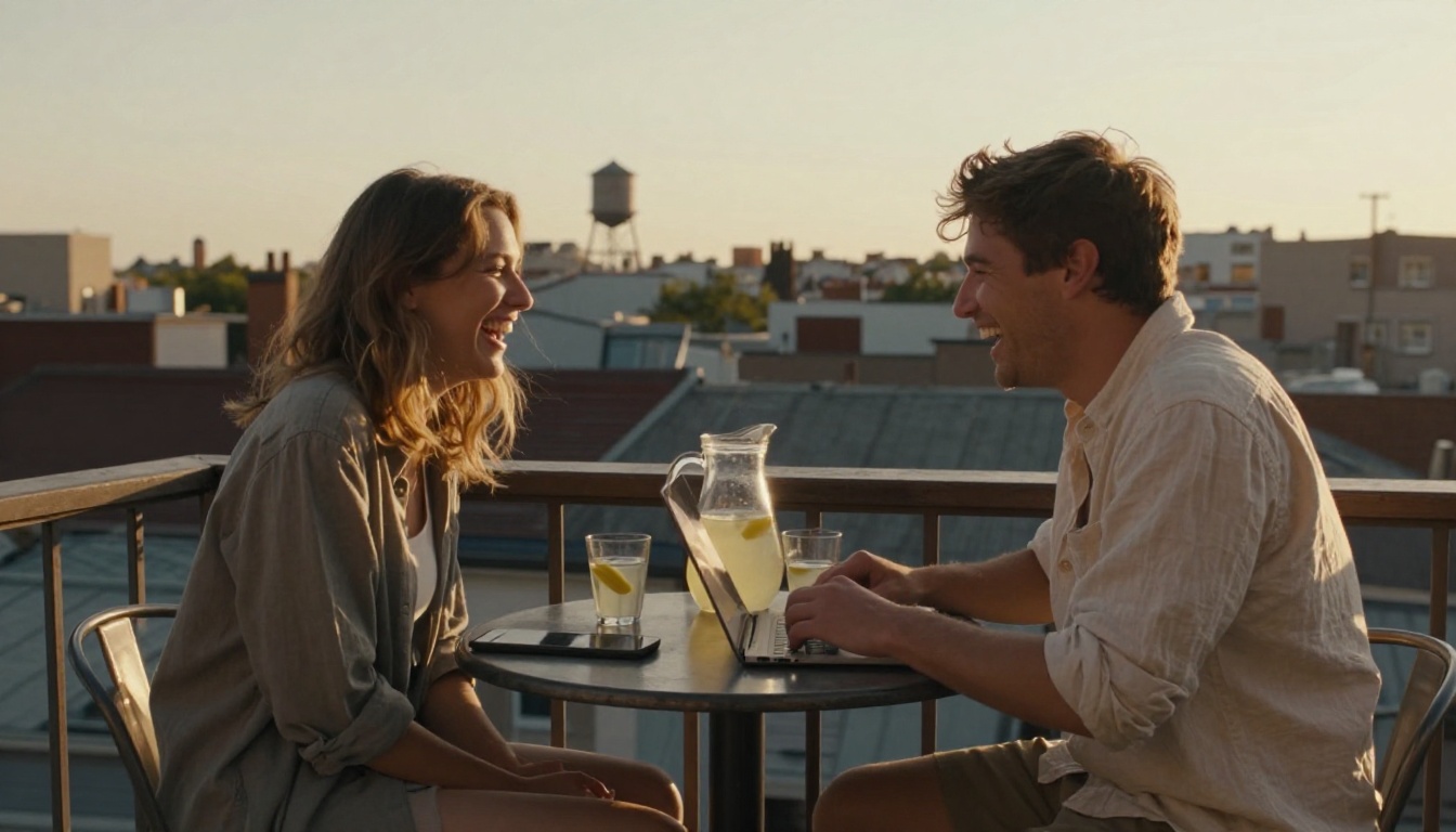 A young couple laughing at a laptop on a city balcony at golden hour