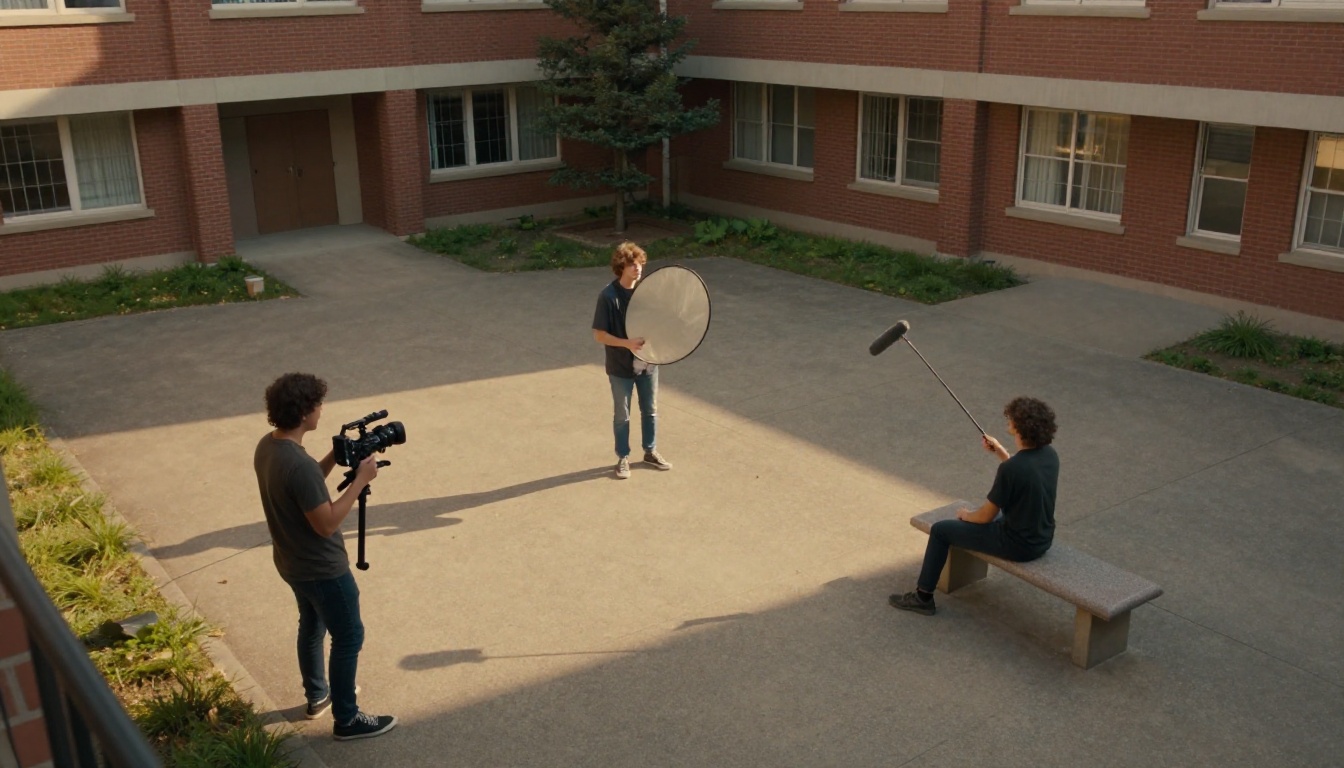 High-angle view of three film students shooting a short film in a campus courtyard at golden hour