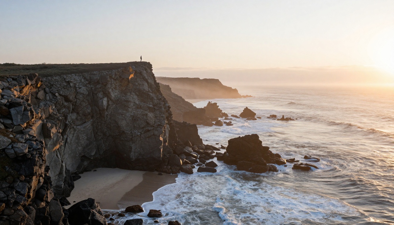 Aerial view of rugged coastal cliffs at sunrise with sea mist