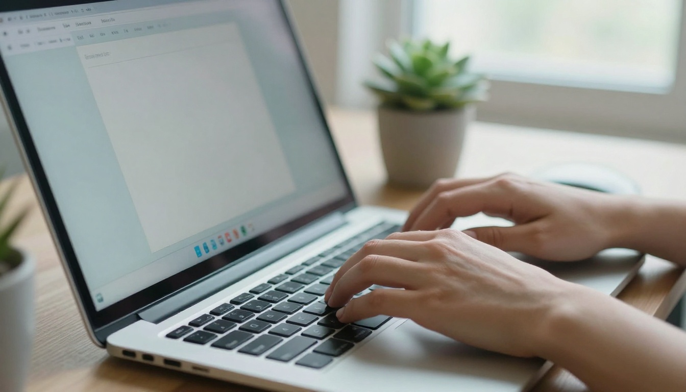 Woman's hands typing a long prompt on a laptop beside a small succulent