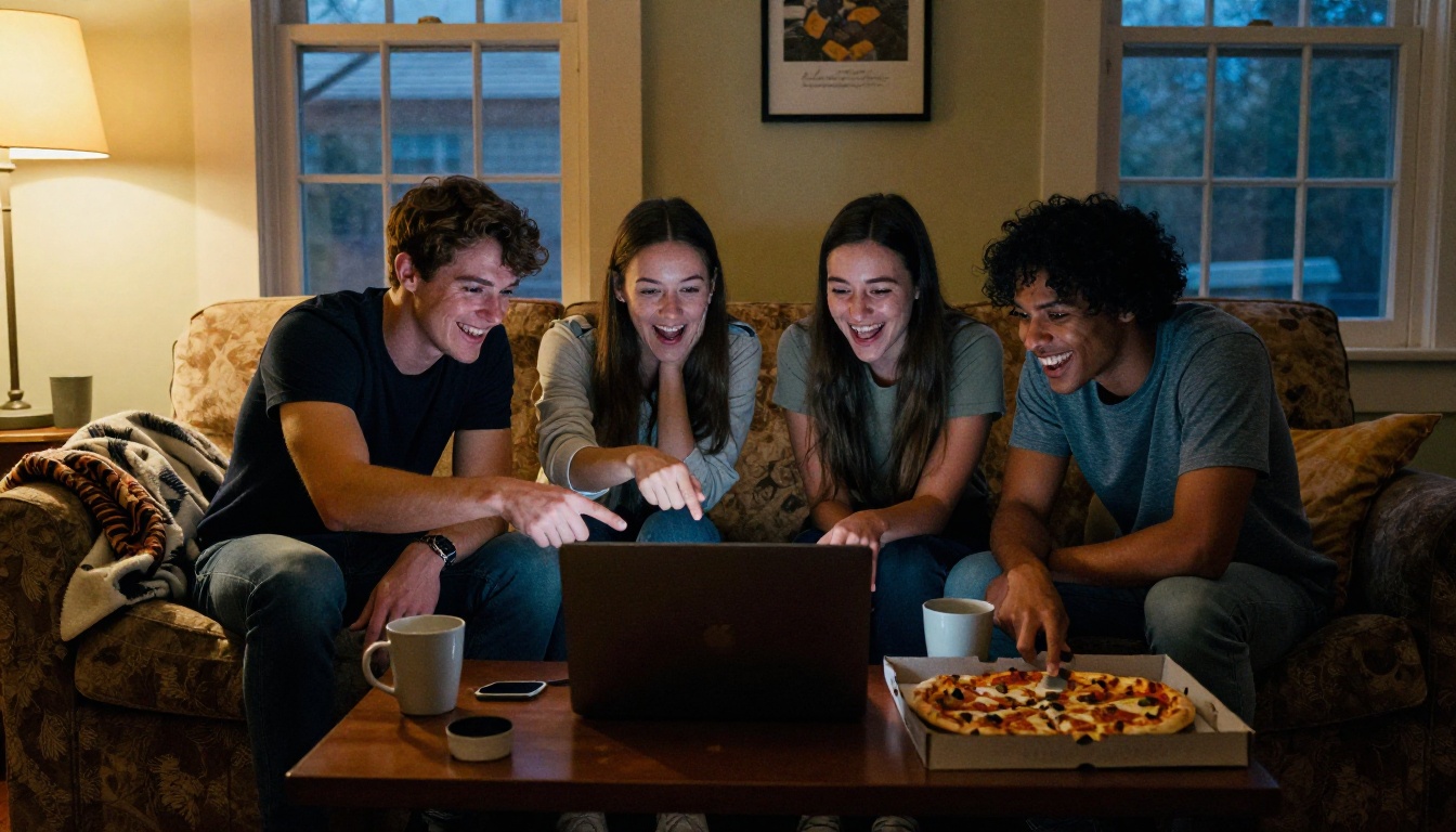 Four university friends laughing around a laptop on a dorm common room sofa at night