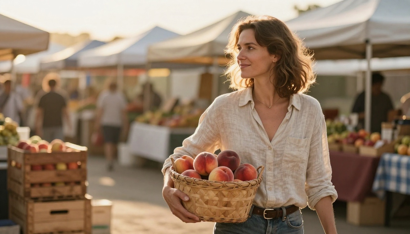 Woman in a linen shirt carrying peaches through a farmers market at golden hour