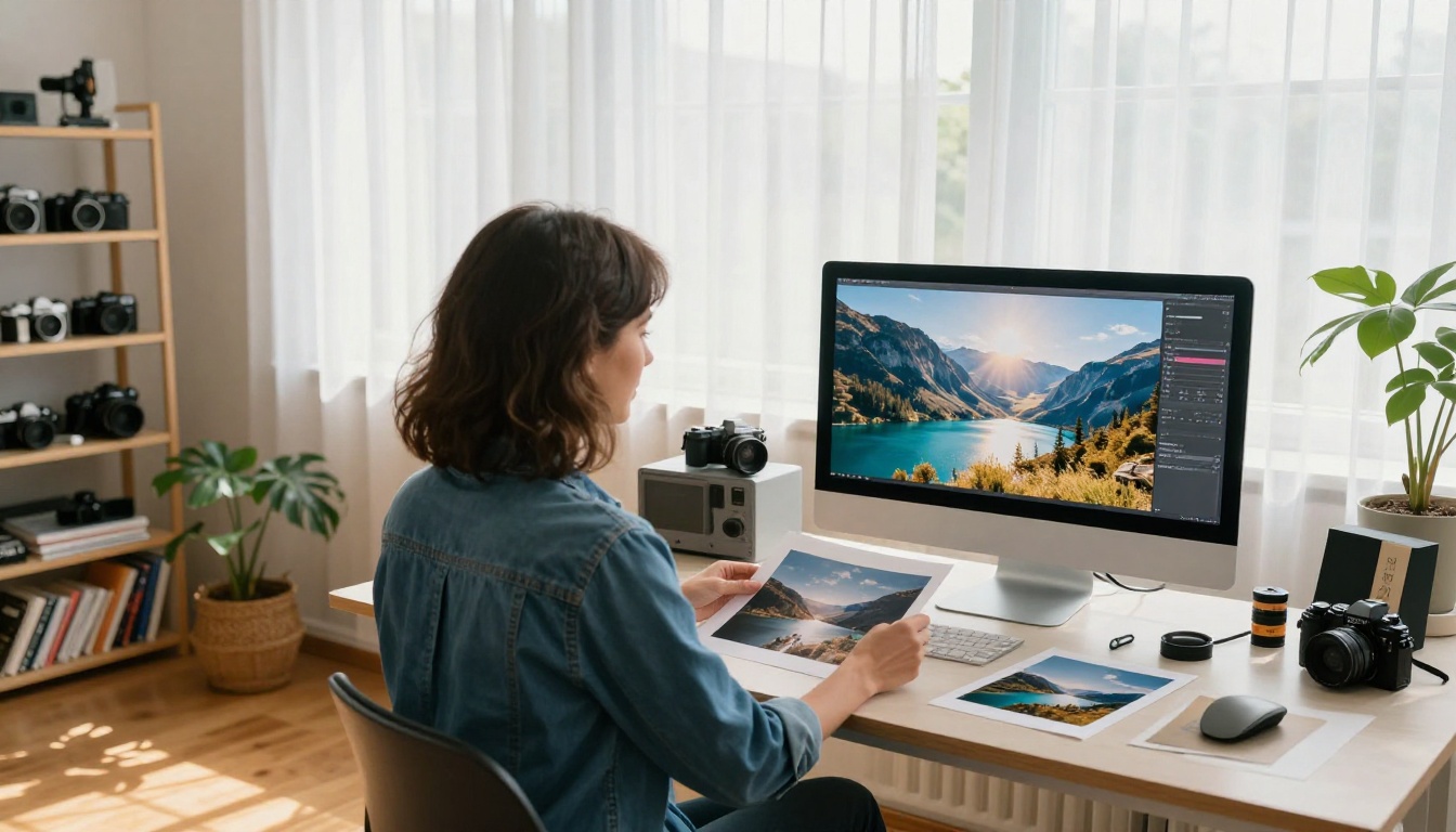 Woman in a denim shirt reviewing prints beside a monitor in a bright studio