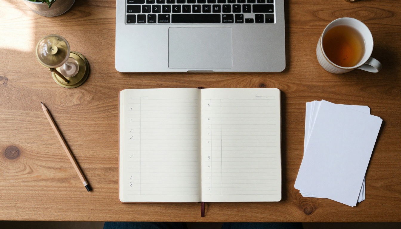 Overhead view of a desk with a laptop, notebook with tally marks and an hourglass, a monthly credit budget