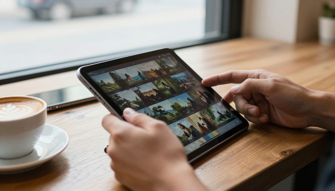Creator holding a tablet showing a grid of cinematic landscape thumbnails at a cafe table