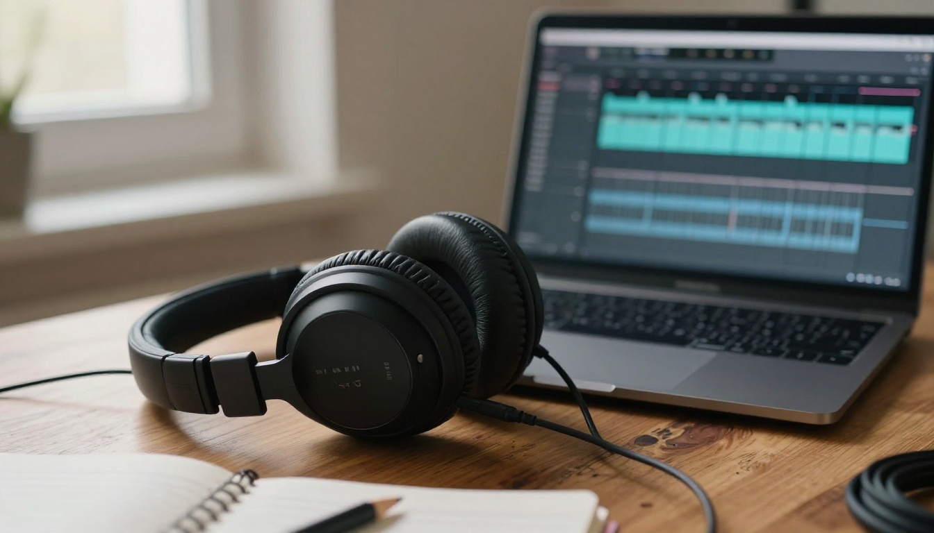 Studio headphones resting on an oak desk next to a laptop showing audio waveforms