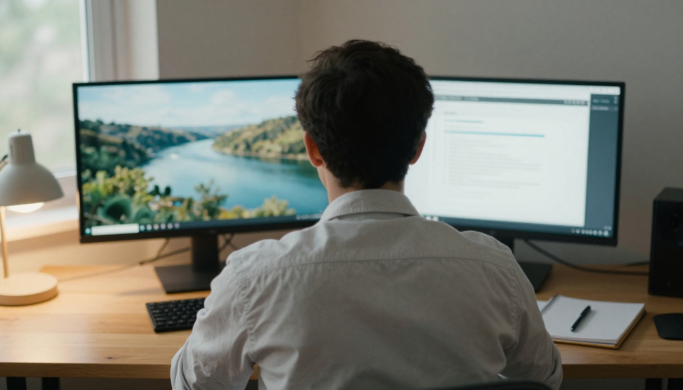 Man at a two-monitor desk with a river valley preview and a simple prompt box on screen