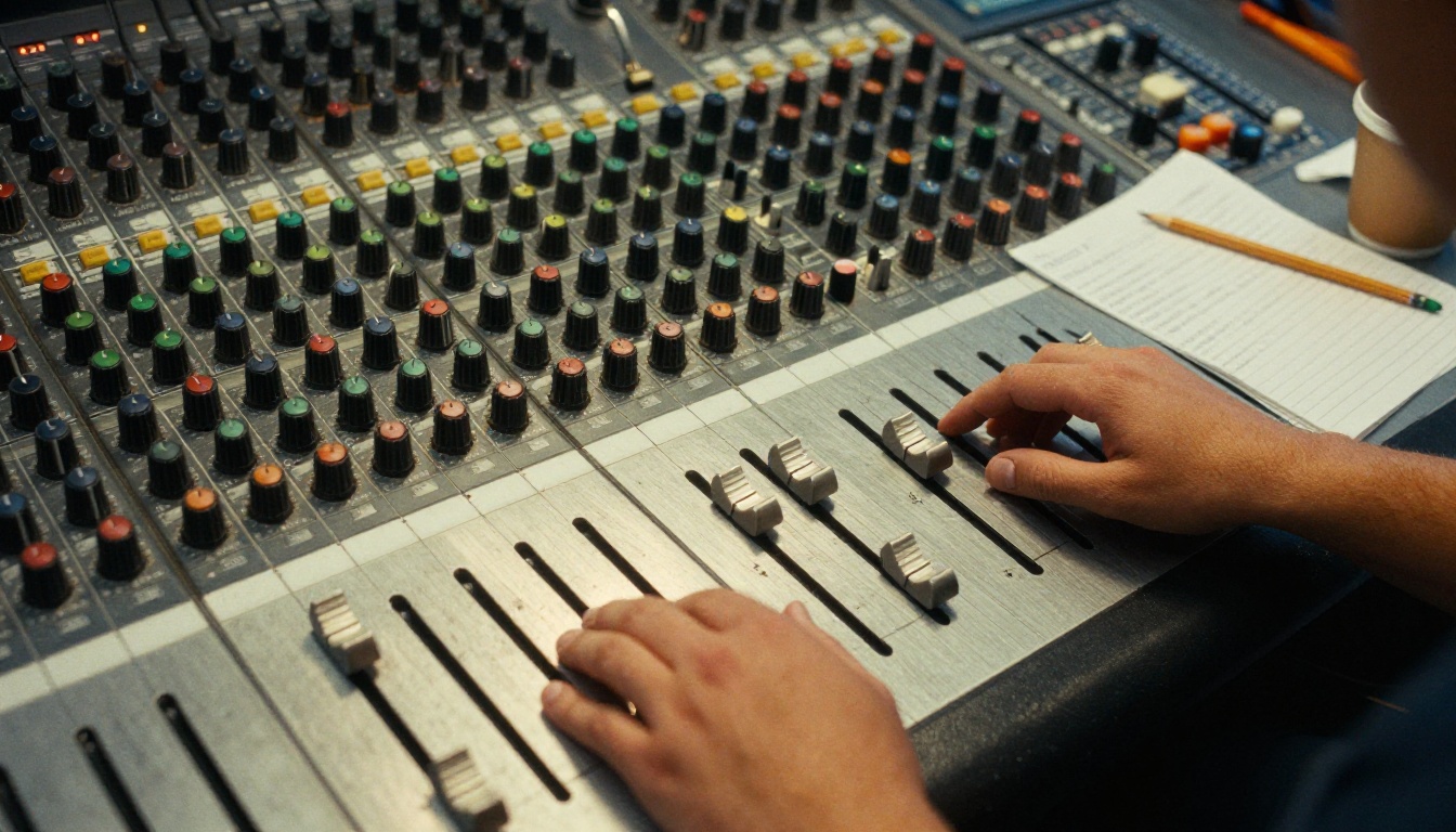 Overhead view of an engineer's hands sliding faders on an analog mixing console