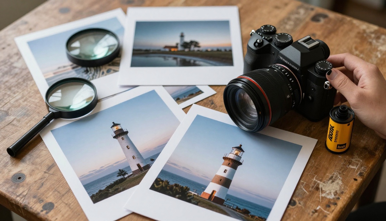 Printed landscape photographs spread across an oak table in a photographer's studio
