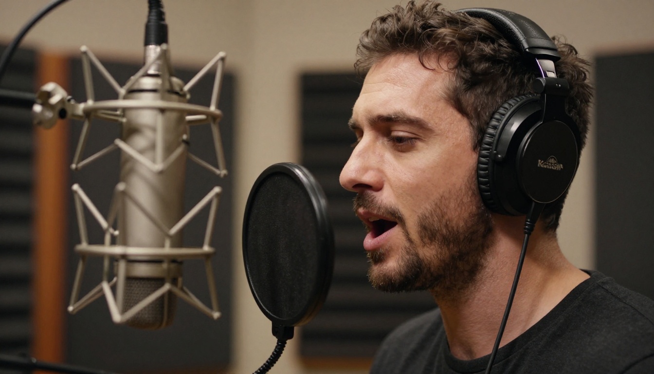 Side profile of a male singer recording in a vocal booth with a pop filter