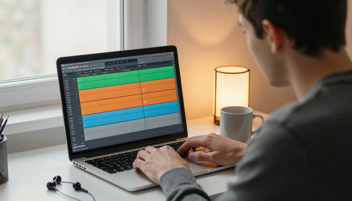 Young man watching four separate audio tracks on a laptop screen at a desk