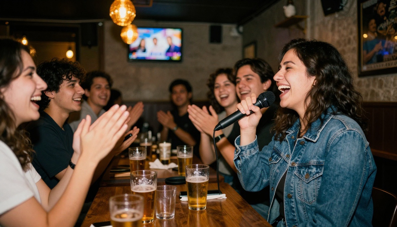 Woman in a denim jacket singing into a microphone at a karaoke night in a small bar