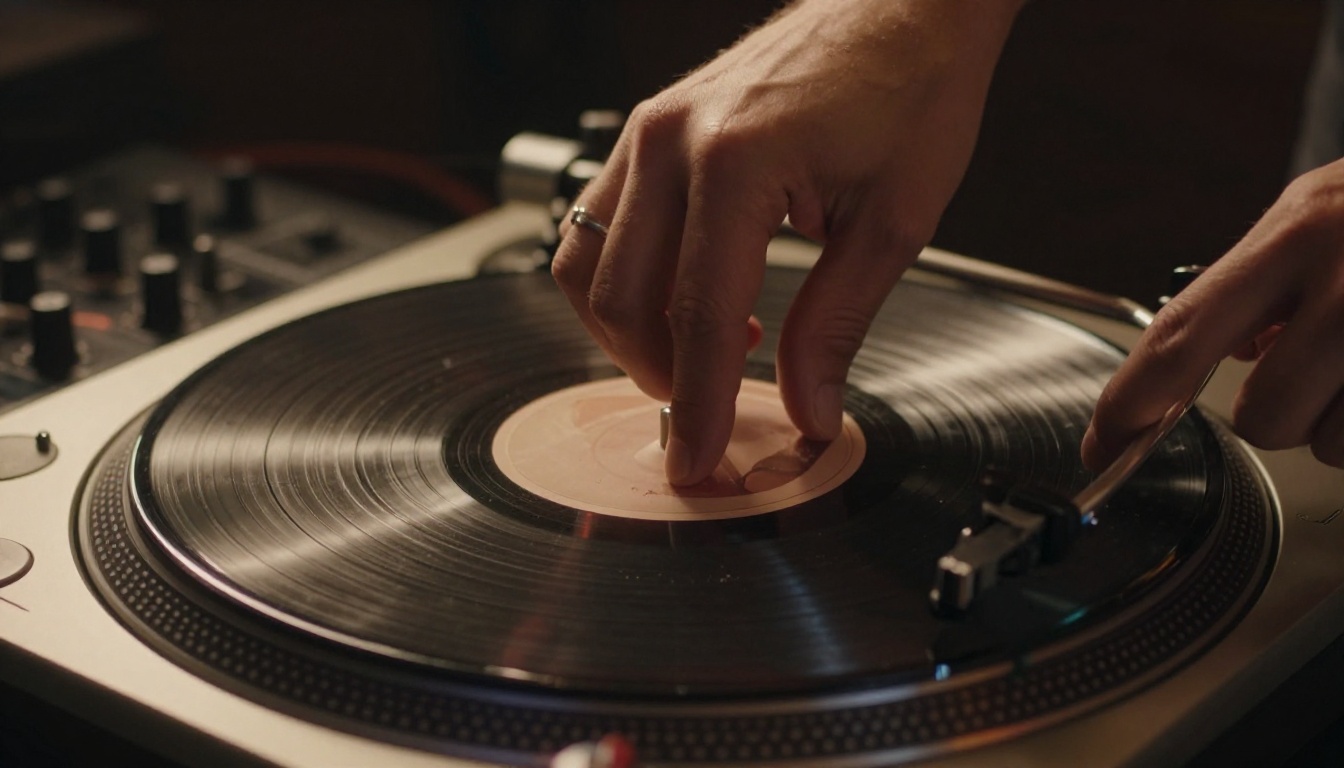 Close-up of a DJ's hands placing a vinyl record on a turntable