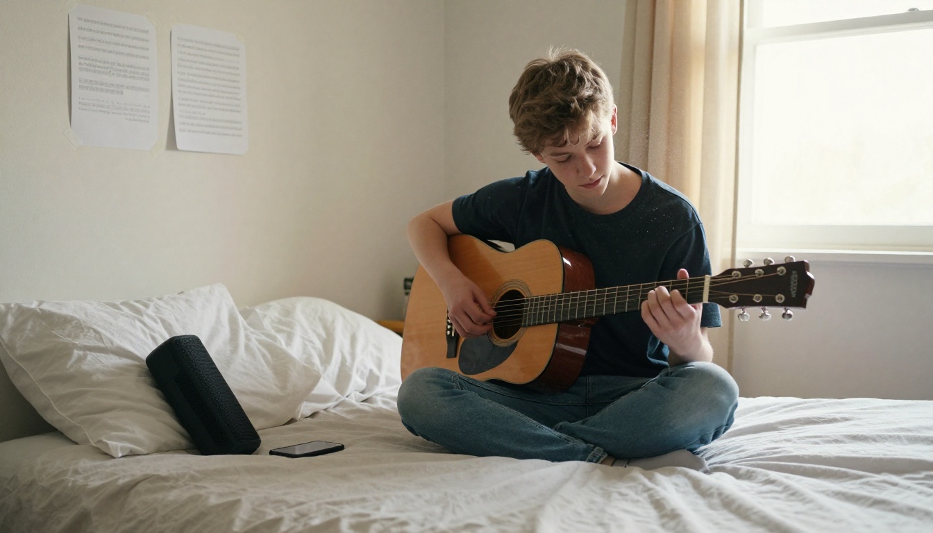 Teenage guitarist playing an acoustic guitar on a bed while a phone plays a backing track