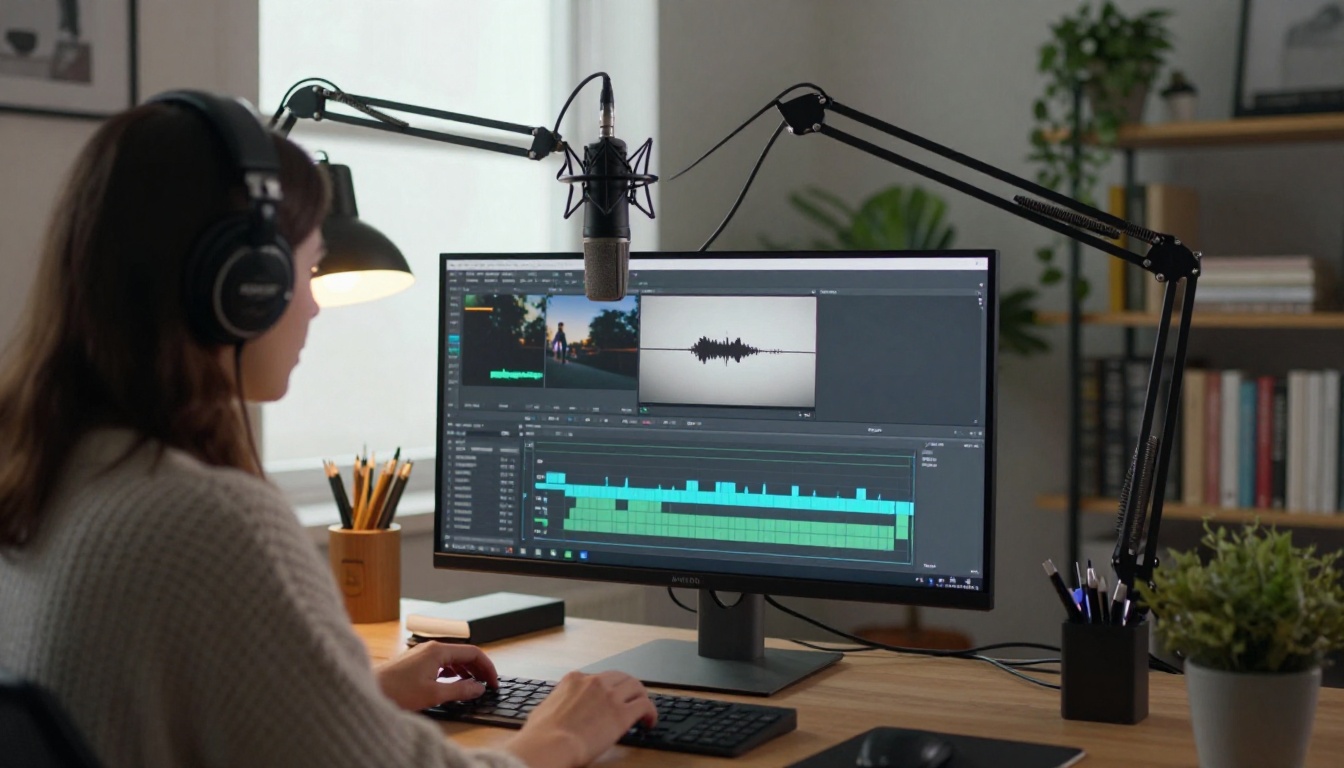 Video creator in her home office editing a clip with headphones and a boom microphone