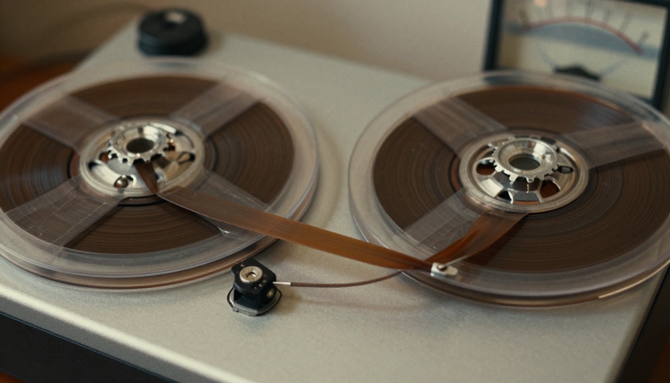 Close view of a vintage reel-to-reel tape machine with brown magnetic tape
