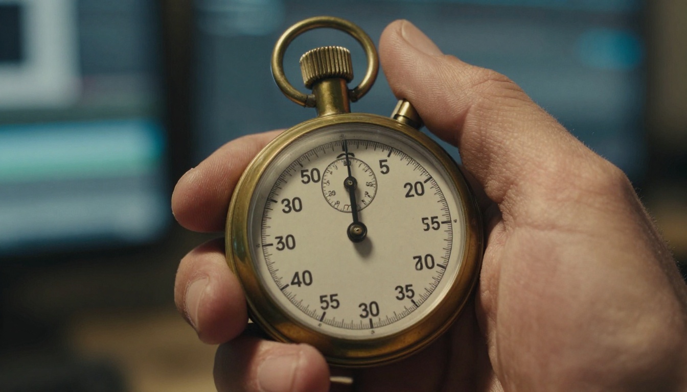 Close-up of a brass stopwatch held in a weathered hand in a dim editing suite