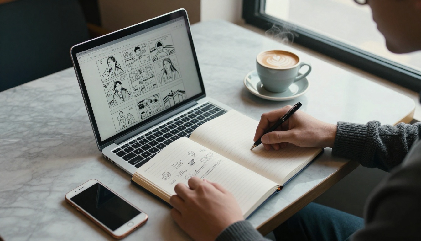 A freelance video creator working on a laptop at a marble cafe table beside a notebook of storyboard sketches