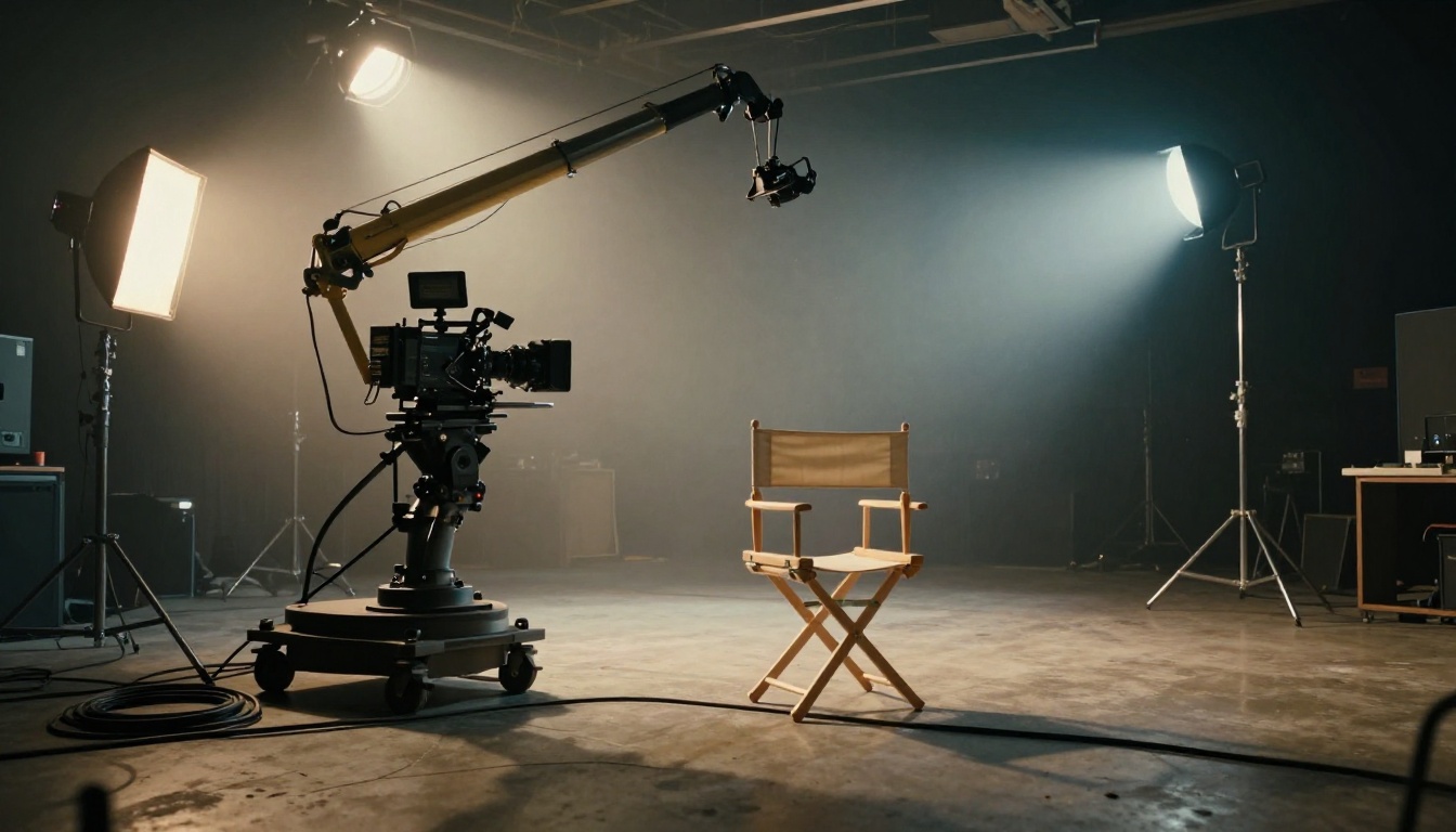 Low-angle view of a film crew on a soundstage with a cinema camera on a crane arm