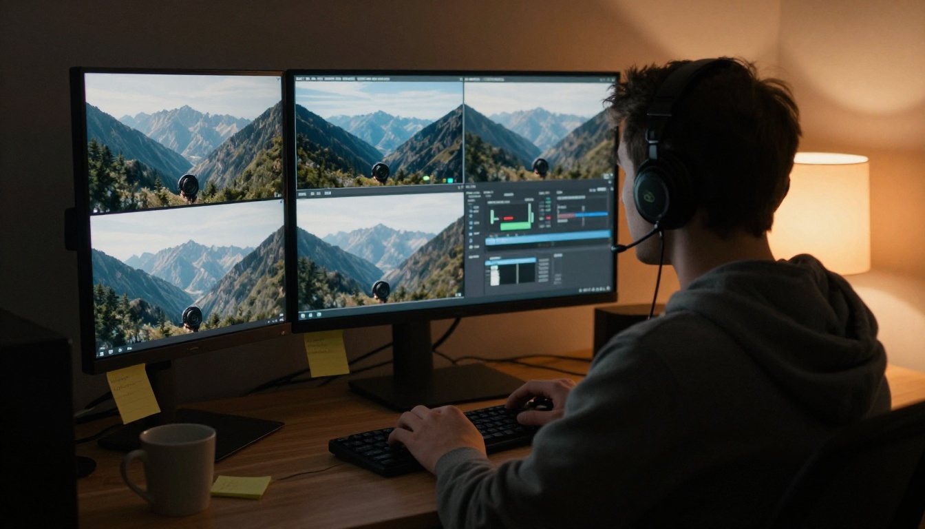 Video editor reviewing four nearly identical takes of a mountain clip on two monitors in a dim edit suite