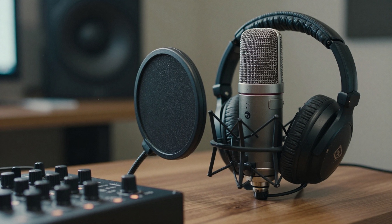 Studio condenser microphone with headphones and an audio interface on a walnut desk