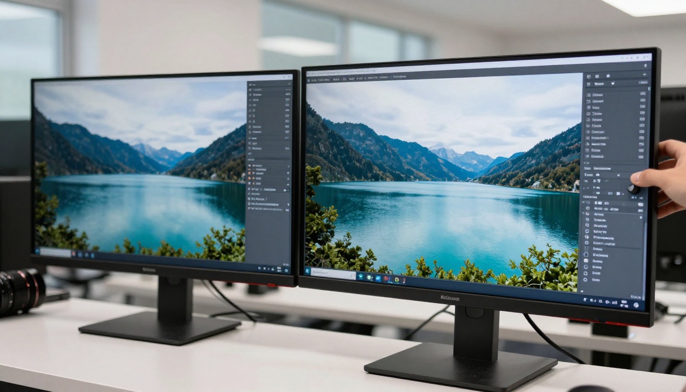 Two monitors side by side showing a soft low resolution mountain lake and the same lake in sharp detail