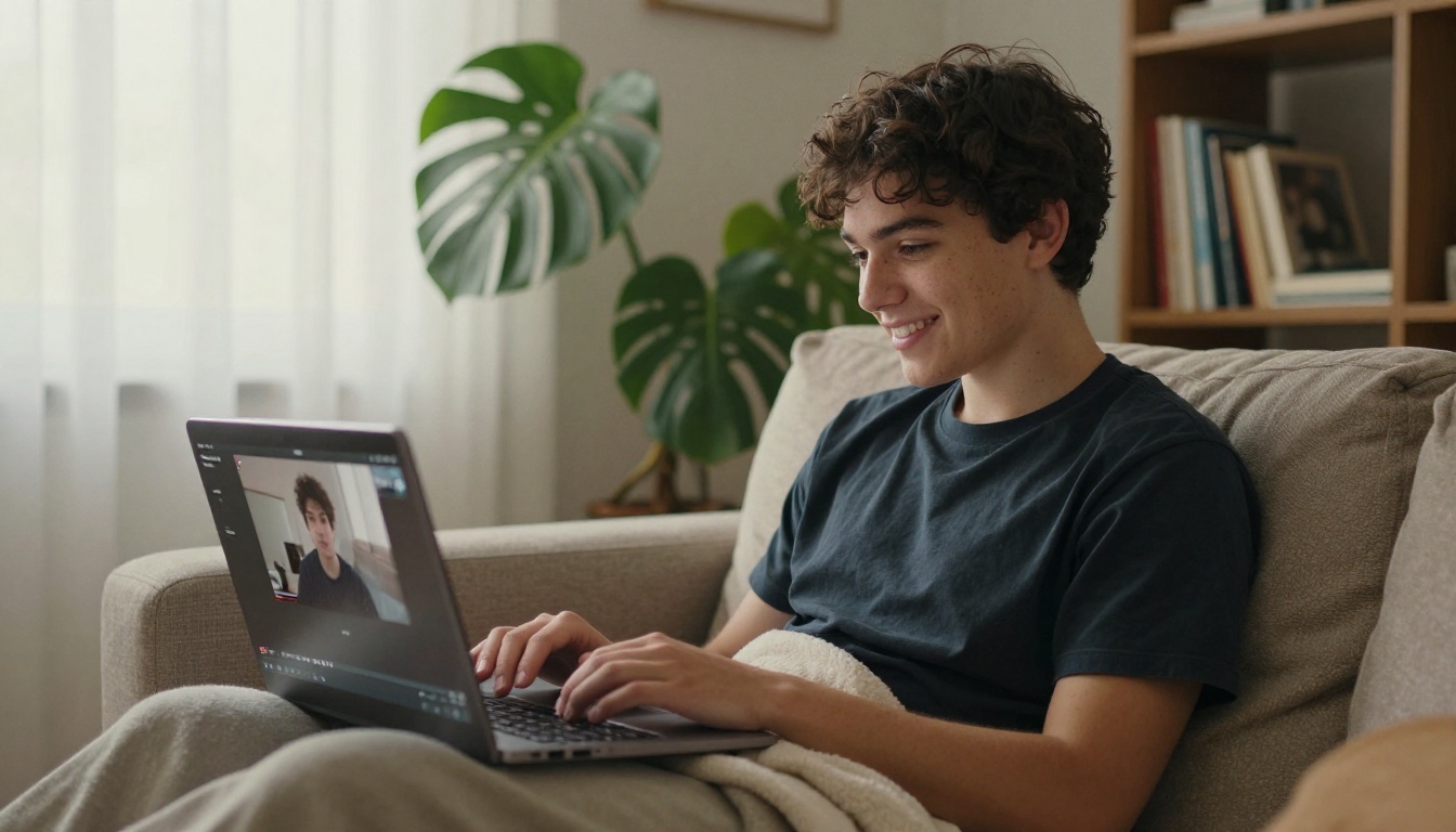 A relaxed creator on a sofa at home smiling at a short video preview on a laptop