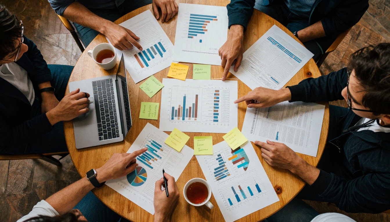 A small team around a round wooden table piled with printed bar charts and sticky notes